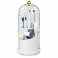 Ocalpur Toothbrush Holders with Cover for Bathroom Countertop, Rotating Bathroom Organizer with Sliding Door Drainage Holes, 3 Slots Makeup Brushes Holder(White)