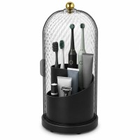 Ocalpur Toothbrush Holders with Cover for Bathroom Countertop, Rotating Bathroom Organizer with Sliding Door Drainage Holes, 3 Slots Makeup Brushes Holder(Black)
