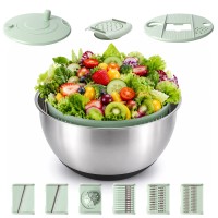 Ocalpur 3-in-1 Stainless Steel Salad Spinner, Vegetable Lettuce Spinner with 6 Blades, Vegetables Wash Bowl with Drainage Hole, Stop Button, Non-Slip Base, 4.76Qt