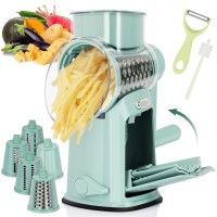 TOIAMOI Hand Rotary Cheese Grater with 10 Blades, Peerler & Cleaning Brush with Blade Storage, Easy to Clean Detachable Mandoline Slicer for Vegetable, Fruit, Strong Suction Base for Kitchen (Green)
