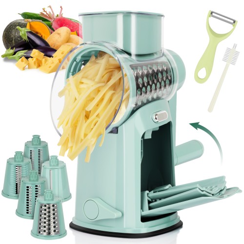 TOIAMOI Hand Rotary Cheese Grater with 10 Blades, Peerler & Cleaning Brush with Blade Storage, Easy to Clean Detachable Mandoline Slicer for Vegetable, Fruit, Strong Suction Base for Kitchen (Green)