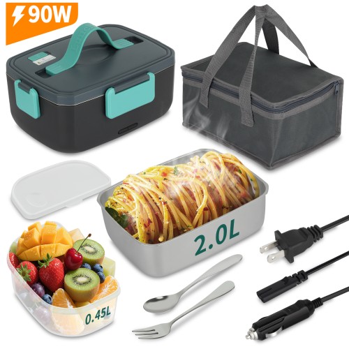 TOIAMOI 2L Portable Electric Lunch Box, 110V/12V Car & Home Dual Use, PTC Heating & 304 Stainless Steel, 90W Quick Food Warmer Heated Lunch Box, Leakproof Food Heater for Office, Gray
